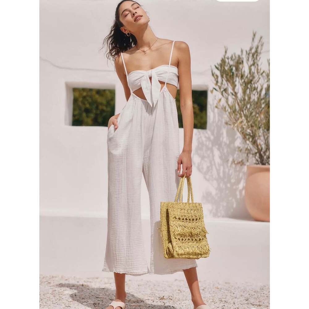 Anthropologie Wrenley Suspender Pant Set XS White Cotton Cutout Jumpsuit Boho